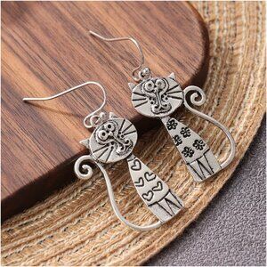 Cat Earrings Tall Bohemian Engraved Hearts and Flowers Long Tails Silver Kitties